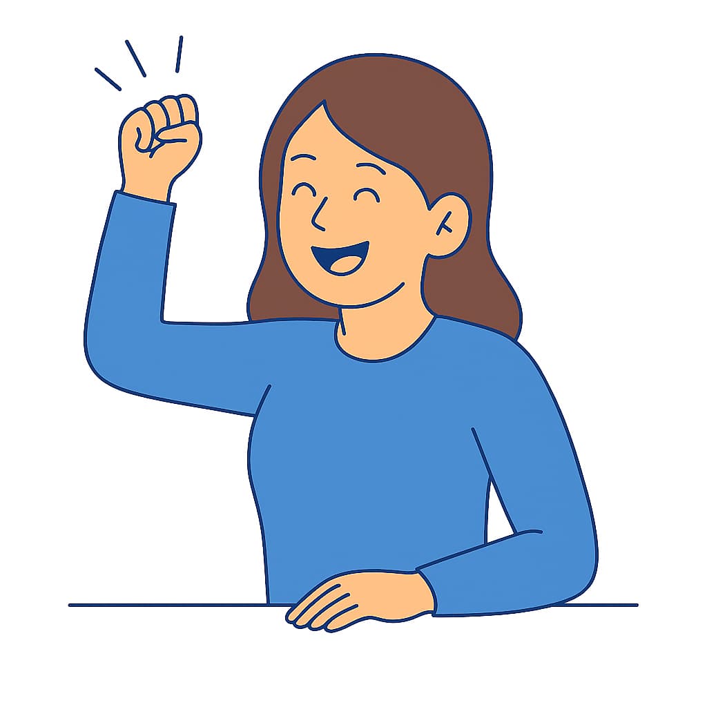 Vrouw viert overwinning of succes met opgeheven vuist – blij met terugbetaling via DemandRefund